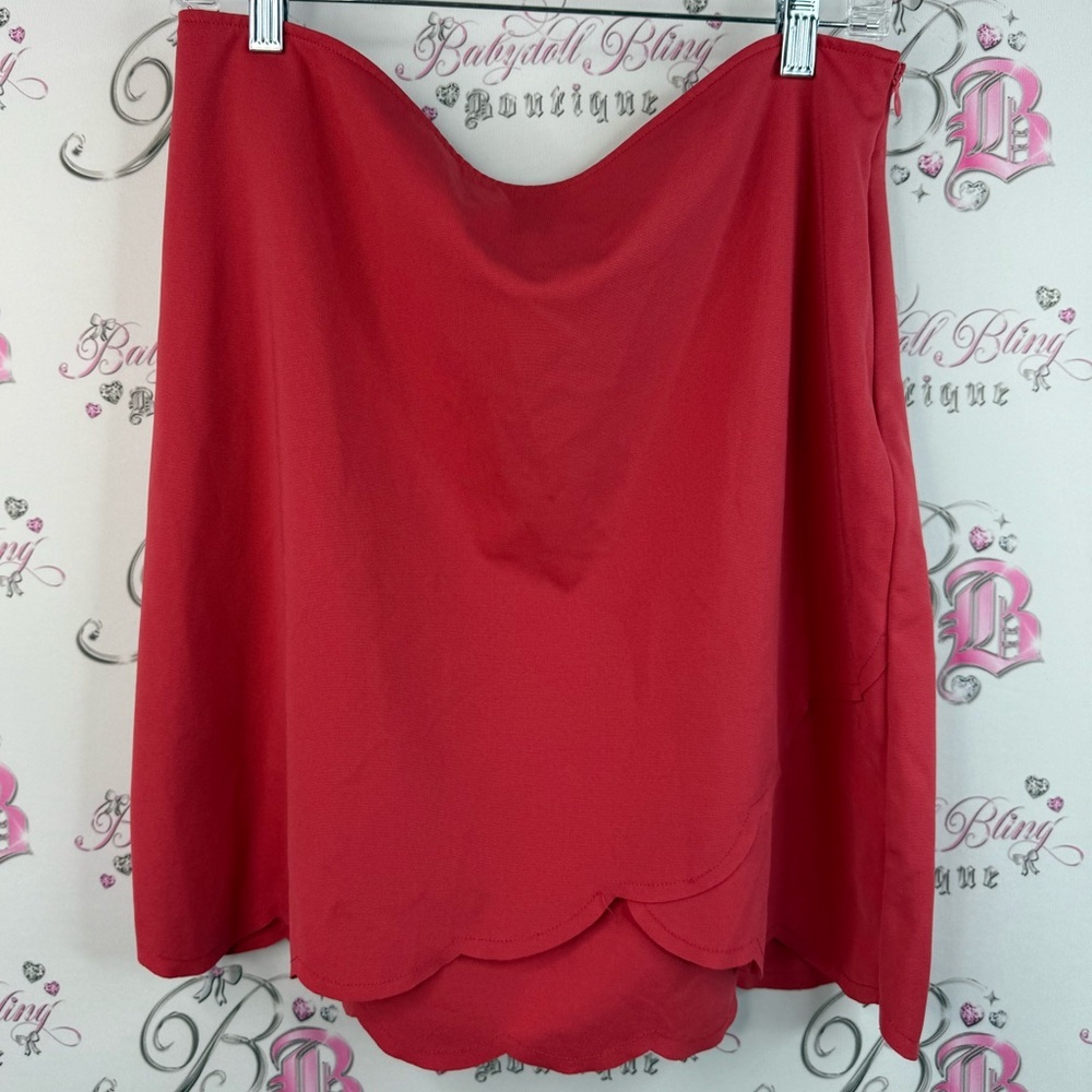Lavand skirt scallop hem swoop bright red mini skirt Chic Asymmetrical Red Skirt